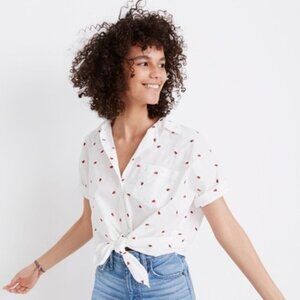 Madewell Short Sleeve Tie Front Shirt White Embroidered Strawberry, Size: Small